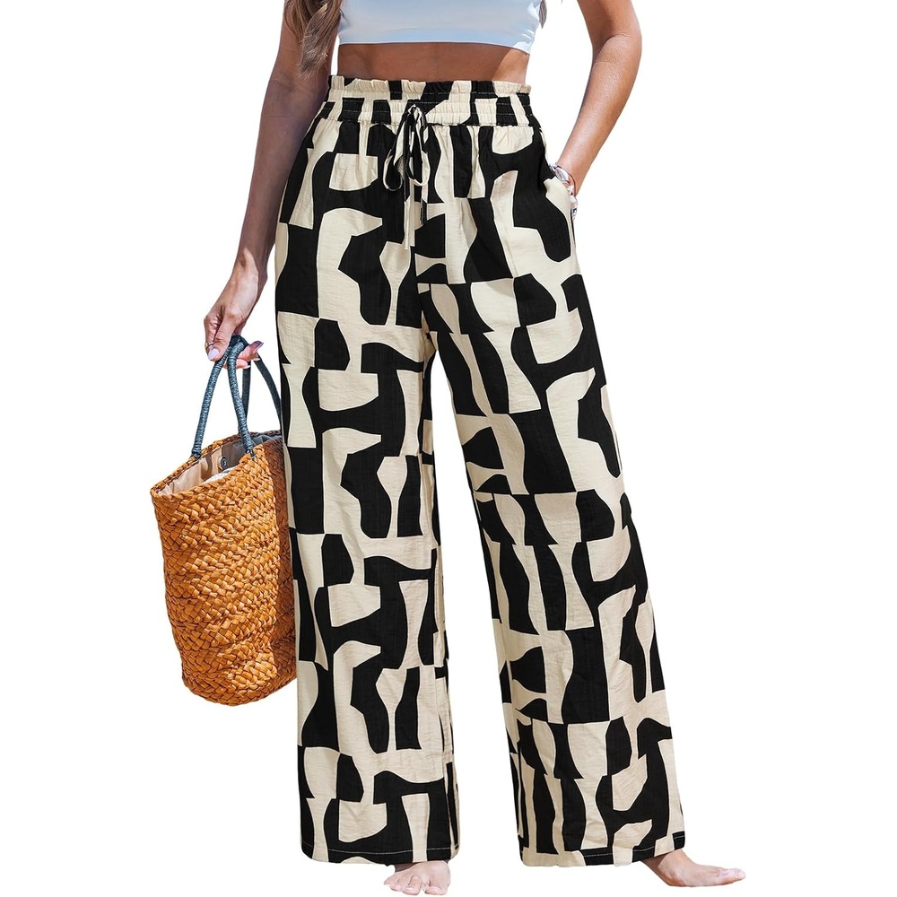 image:imageCUPSHE Womens Wide Leg Beach Pants  Tropical Floral Vacation Cover Up  Soft amp comfortable High waist flowy wide leg with side pocketBlack