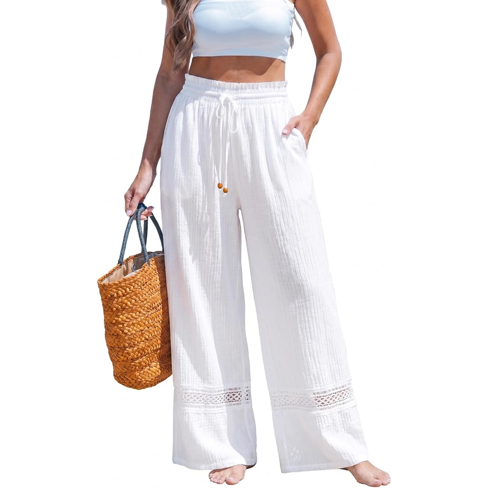 image:imageCUPSHE Womens Wide Leg Beach Pants  Tropical Floral Vacation Cover Up  Soft amp comfortable High waist flowy wide leg with side pocketWhite