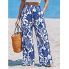 CUPSHE Women’s Wide Leg Beach Pants – Tropical Floral Vacation Cover Up | Soft & comfortable. High waist, flowy wide leg with side pocket(Blue-flower)