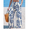 CUPSHE Women’s Wide Leg Beach Pants – Tropical Floral Vacation Cover Up | Soft & comfortable. High waist, flowy wide leg with side pocket(Blue-leaves)