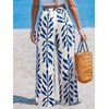 CUPSHE Women’s Wide Leg Beach Pants – Tropical Floral Vacation Cover Up | Soft & comfortable. High waist, flowy wide leg with side pocket(Blue-leaves)