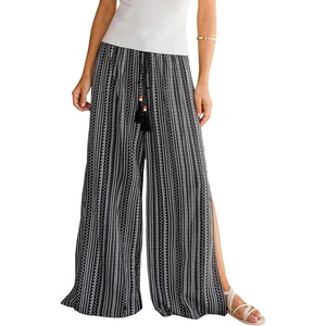 CUPSHE Women’s Wide Leg Beach Pants – Tropical Floral Vacation Cover Up | Soft & comfortable. High waist, flowy wide leg with side pocket(Black-slit)