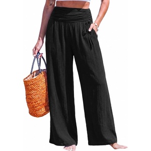CUPSHE Women’s Wide Leg Beach Pants – Tropical Floral Vacation Cover Up | Soft & comfortable. High waist, flowy wide leg with side pocket(Black-solid)