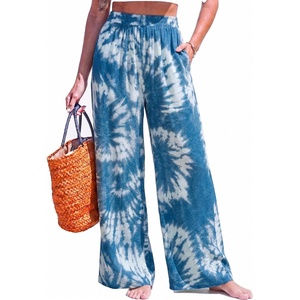 CUPSHE Women’s Wide Leg Beach Pants – Tropical Floral Vacation Cover Up | Soft & comfortable. High waist, flowy wide leg with side pocket(Blue-2)